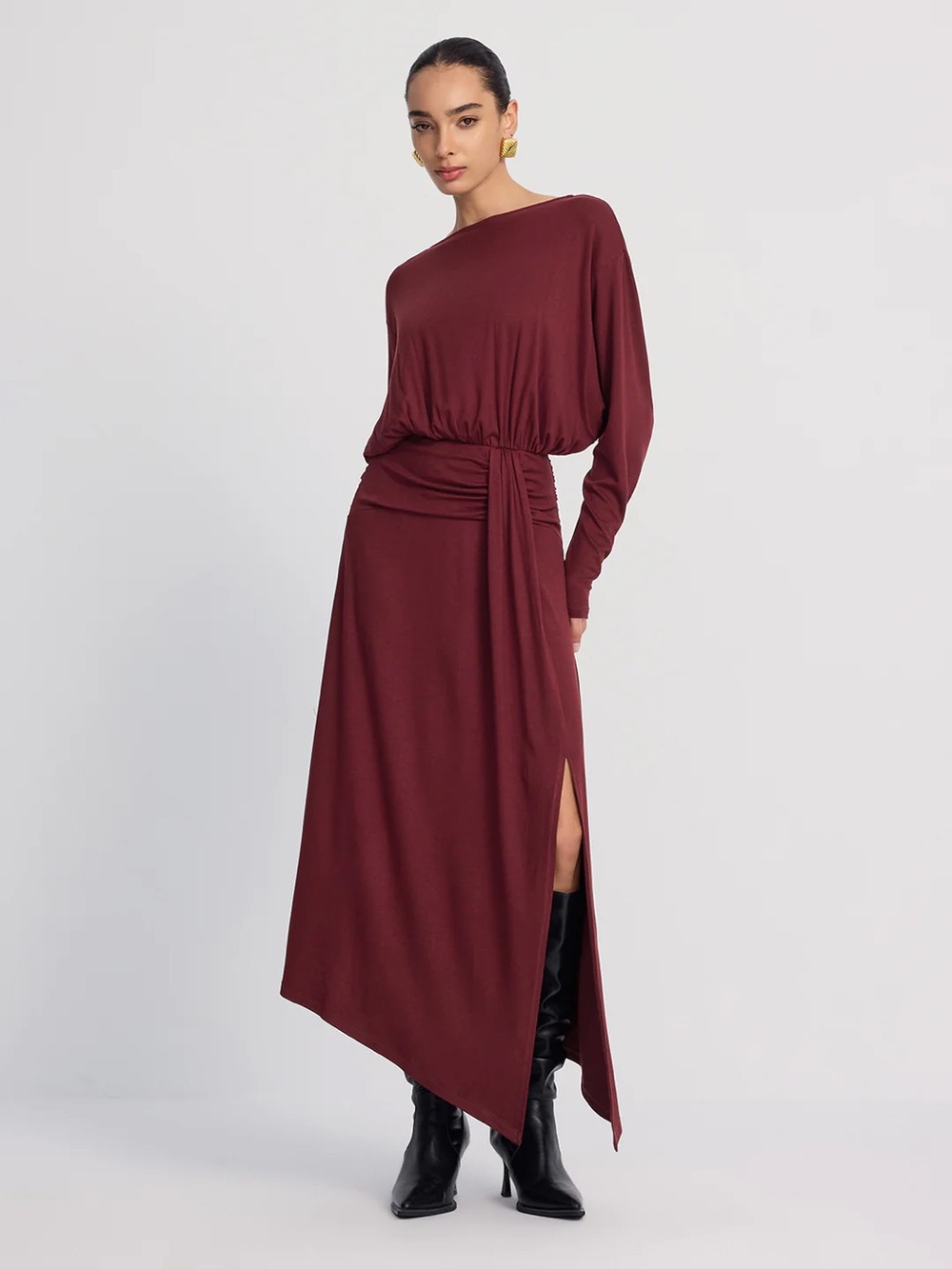 Commense Long Sleeve Ruched Slit Maxi Dress